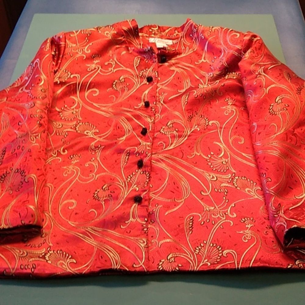 Dressbarn Women's 2X polyester Chinese Jacket Black Knots Buttons Floral Print y